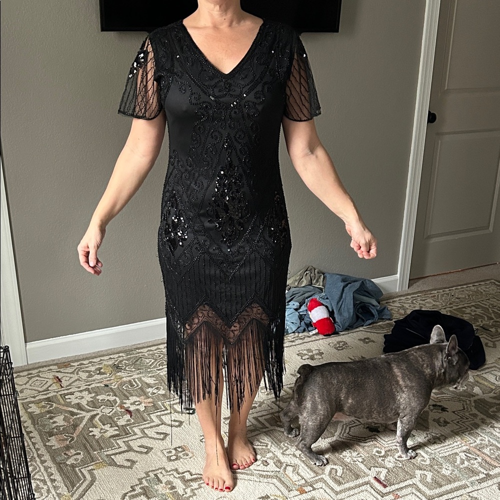 Chic Black Sequin Fringe Midi Dress